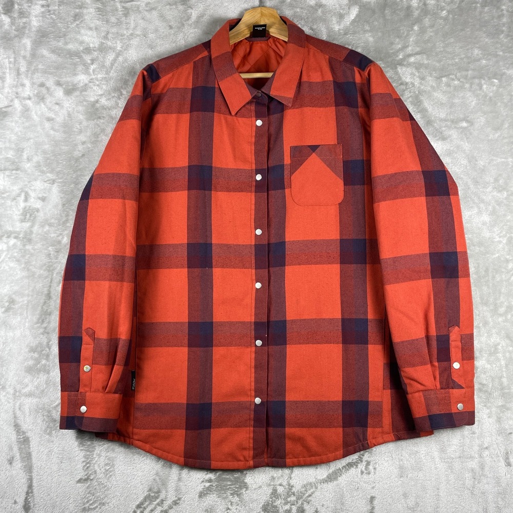 Flylow Quilted Flannel Shirt Jacket Mens XL Orange Plaid Snap Front Shacket